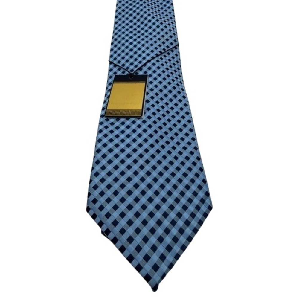 Ermenegildo Zegna Silk Tie Blue Geometric Check Pattern Wide NWT Italy Luxury